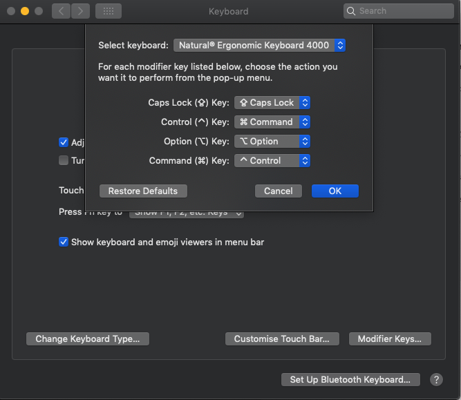 Keyboard Preferences / Modifier Keys